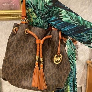 Michael Kors Monogram Shoulder Bag with Leather Tassel. Original Brown & Tan